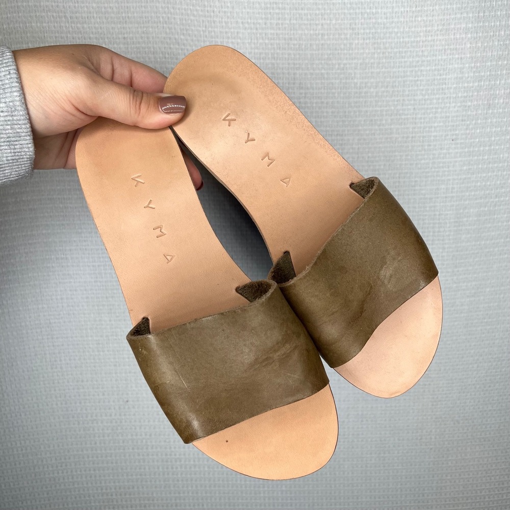 Kyma Olive Green Leather Slide Sandals‎ Simple Minimalist Womens Size 39
